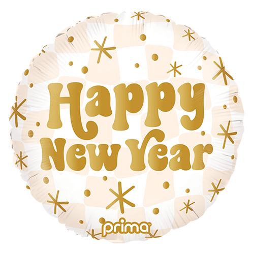 [PF-0025-18] 18" Rond Happy New Year Gold & Neutral Checker - Prima